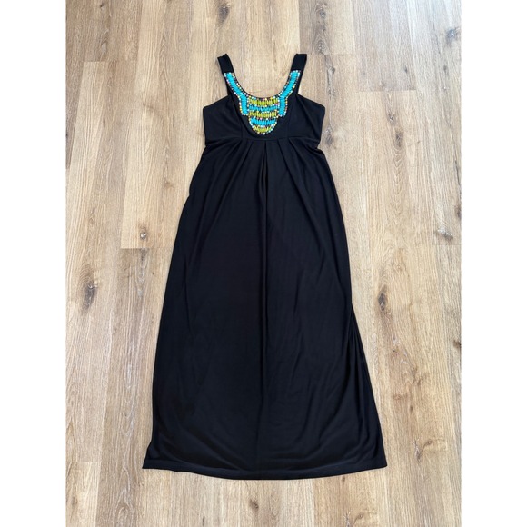 Cato Dresses & Skirts - Cato Maxi Dress Women S Black Beaded Bib Neckline Boho Sleeveless Jersey Gown